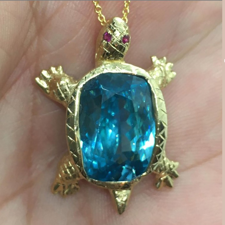 Blue Zircon turtle pendent. Nobel Antique jewelry Store, Santa Monica. Made in America.